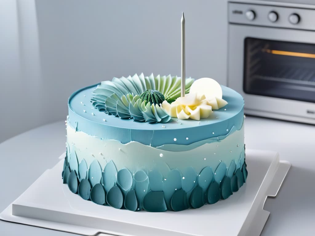  A minimalist, sleek image showcasing a cuttingedge cake design with intricate geometric patterns in monochromatic tones, set against a backdrop of a futuristic, gleaming kitchen. The cake is adorned with precisioncut fondant shapes resembling architectural elements, creating a visually striking and avantgarde dessert masterpiece that embodies the future of cake decoration trends. hyperrealistic, full body, detailed clothing, highly detailed, cinematic lighting, stunningly beautiful, intricate, sharp focus, f/1. 8, 85mm, (centered image composition), (professionally color graded), ((bright soft diffused light)), volumetric fog, trending on instagram, trending on tumblr, HDR 4K, 8K