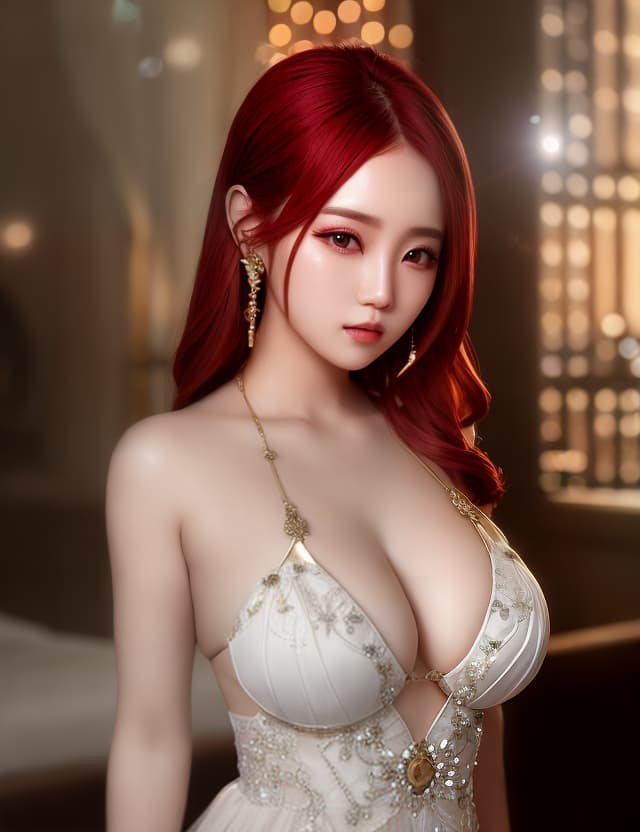  (Solder), best quality, high resolution, highly detailed, detailed background, perfect lighting, lens flare, fantasy, nature, 1girl, red hair, kpop idol, luxury hotel, detailed face, face shot, close up