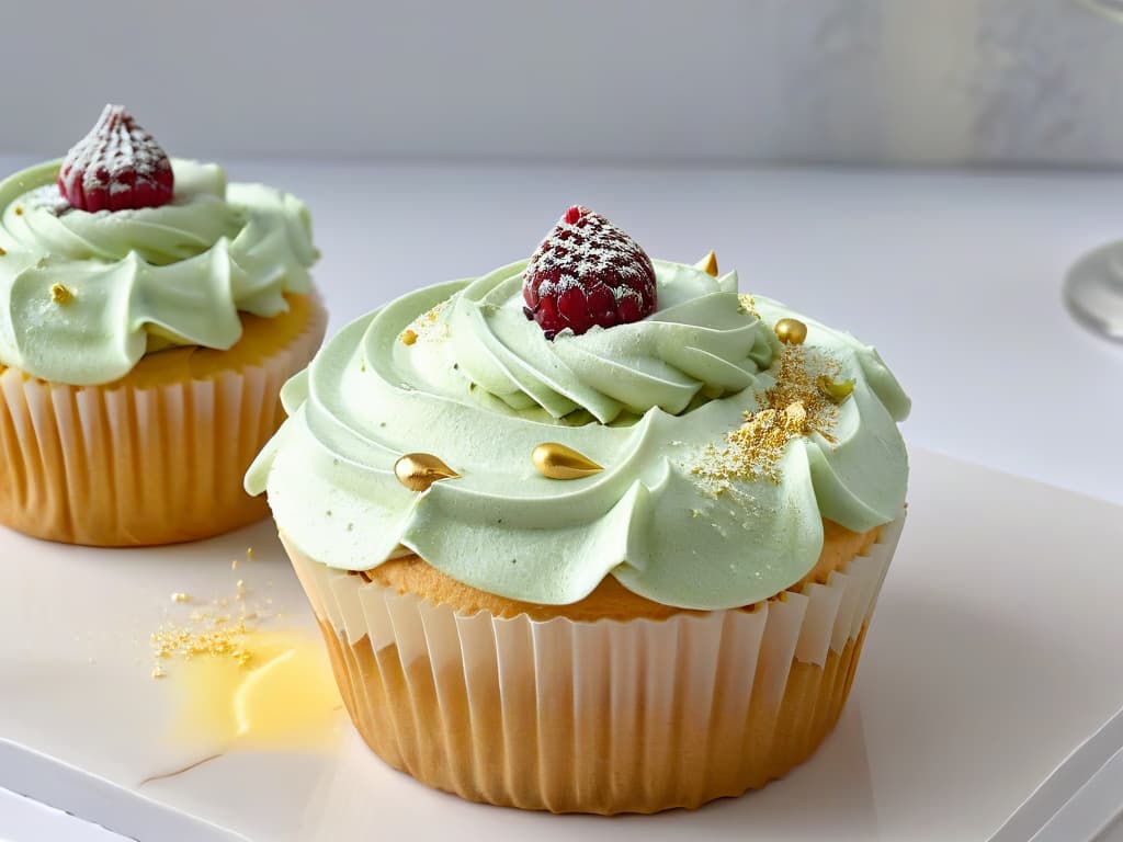  A closeup, ultradetailed image of a perfectly frosted cupcake with delicate swirls of pastelcolored buttercream, topped with a single glistening raspberry and a sprinkle of edible gold dust. The cupcake sits on a sleek, white marble countertop, with soft natural light highlighting its glossy finish and intricate details. The image captures the artistry and precision of pastry decoration, embodying the essence of a professional and inspiring approach to confectionery. hyperrealistic, full body, detailed clothing, highly detailed, cinematic lighting, stunningly beautiful, intricate, sharp focus, f/1. 8, 85mm, (centered image composition), (professionally color graded), ((bright soft diffused light)), volumetric fog, trending on instagram, trending on tumblr, HDR 4K, 8K