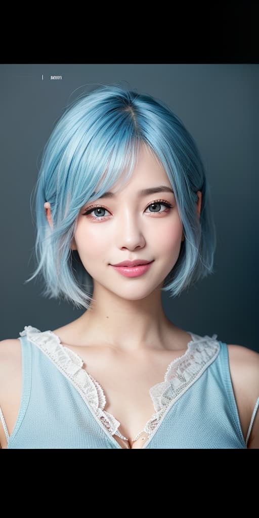  The whole body is large and the beautiful smile is attractive, J cup gorgeous hair shortcut light blue hair, (Masterpiece, BestQuality:1.3), (ultra detailed:1.2), (hyperrealistic:1.3), (RAW photo:1.2),High detail RAW color photo, professional photograph, (Photorealistic:1.4), (realistic:1.4), ,professional lighting, (japanese), beautiful face, (realistic face)