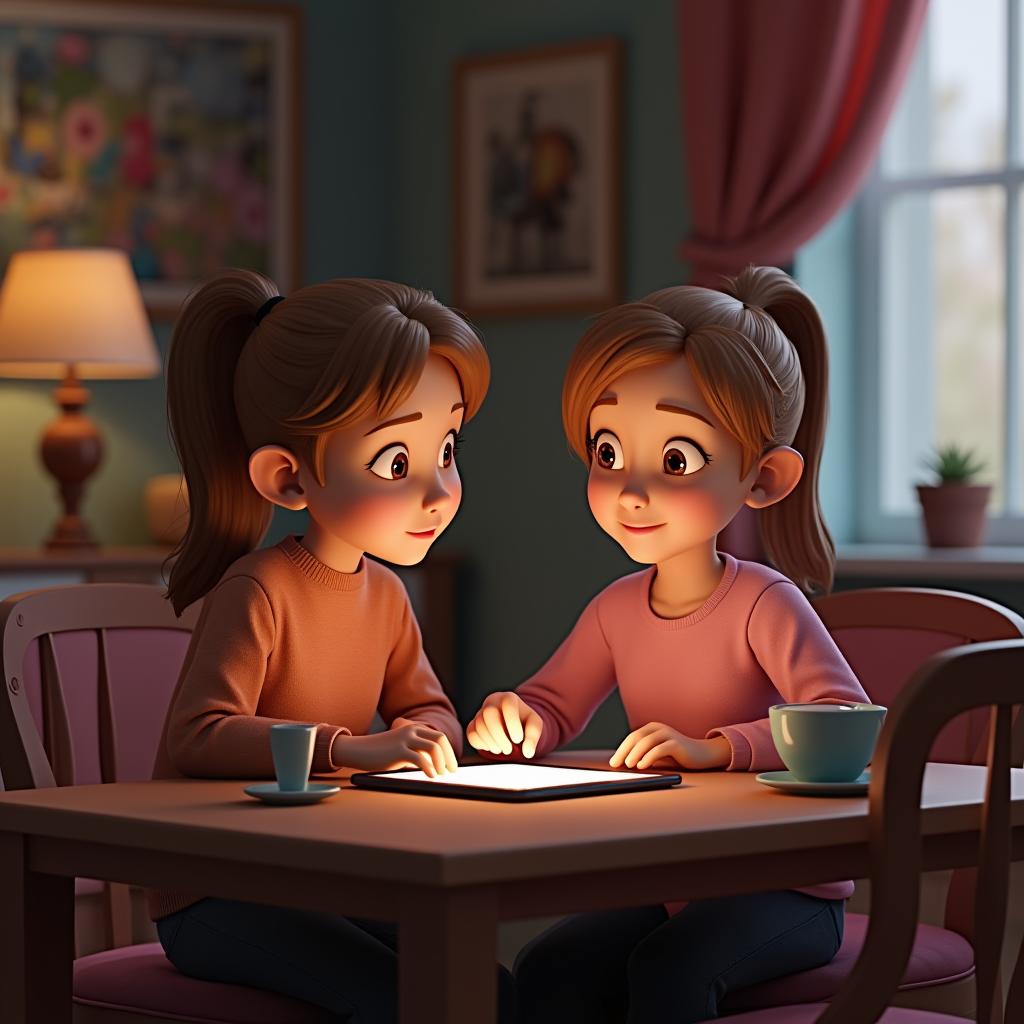  masterpiece pixar nickelodeon cartoon of a liza and sveta are watching a tv series on a tablet while sitting at the table, and i am sitting and testing image generation, highly detailed, by pixar, ultra detailed, gorgeous, 3d zbrush, trending on dribbble, 8k render