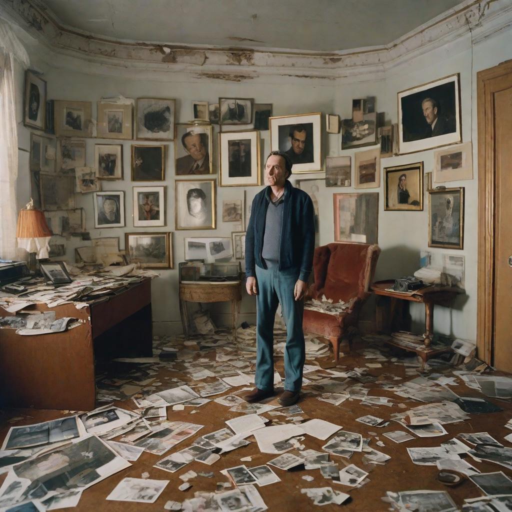  masterpiece, best quality, A devastated man stands alone in a dimly lit room, surrounded by scattered photographs of happy memories. The room is filled with an eerie silence, broken only by the sound of his heavy breathing. The atmosphere is heavy with betrayal and heartbreak. The photograph captures the raw emotion on his face, as he realizes he has been cheated on. The style is photorealistic, highlighting every detail of his expression and the disarray in the room. The realization is done using Kodak Portra 400, adding a touch of warmth and nostalgia to the image.