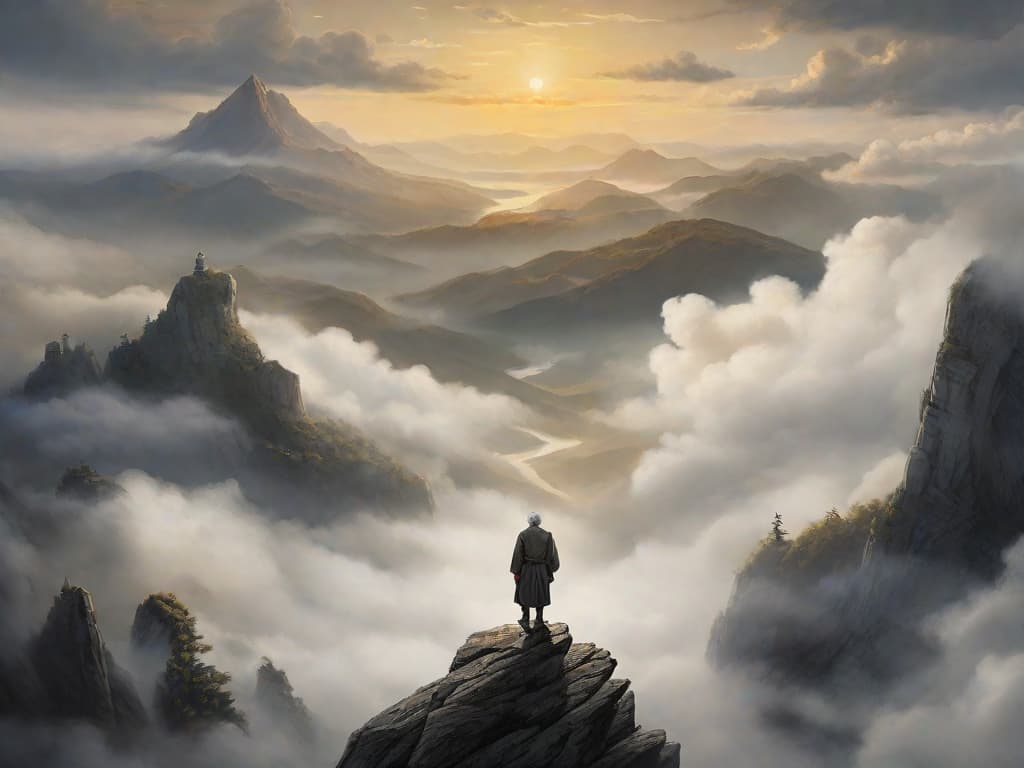  masterpiece, best quality, In this visually striking image, a middle-aged man with an athletic build and flowing gray hair stands at the pinnacle of his life's journey. Dressed in ancient garments, he emanates a sense of wisdom and experience. The location is a mountaintop, shrouded in mist and mystery. As the sun rises, its golden rays pierce through the clouds, casting a warm glow on the man and the rugged landscape below. The atmosphere is serene and introspective, evoking a mix of awe and tranquility. The style of the illustration leans towards a fusion of Chinese ink and modern graphic design, with bold brushstrokes and intricate linework. The image is realized through a combination of digital painting techniques and post-processing ef