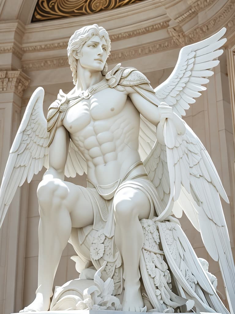  A winged Man statue made of white marble as a superhero hyperrealistic, full body, detailed clothing, highly detailed, cinematic lighting, stunningly beautiful, intricate, sharp focus, f/1. 8, 85mm, (centered image composition), (professionally color graded), ((bright soft diffused light)), volumetric fog, trending on instagram, trending on tumblr, HDR 4K, 8K