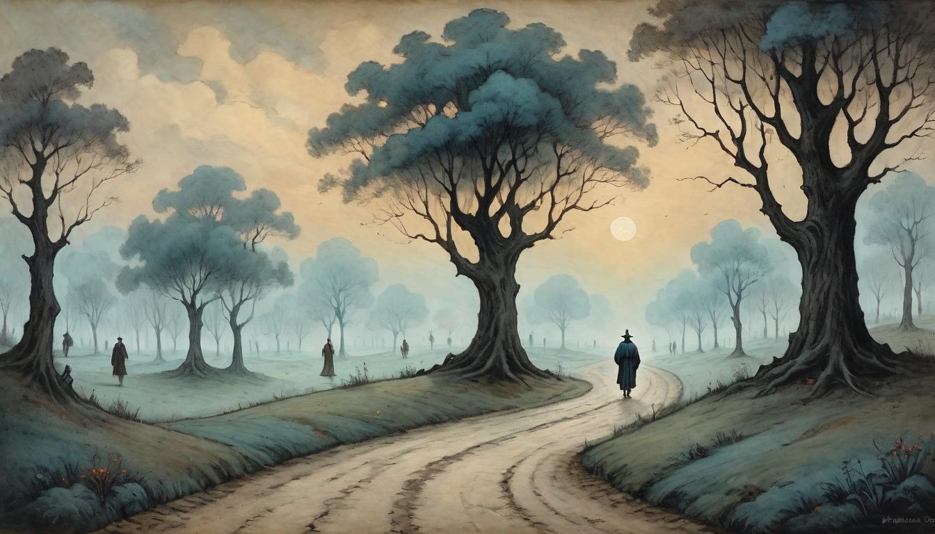  on parchment, surrealism+++, A narrow, tree lined path under a dusk sky, one figure walking alone, away from a distant, blurred group of revelers, feeling of separation, resilience in solitude, twilight's solitude(mysterious, provocative, symbolic,muted color)+++