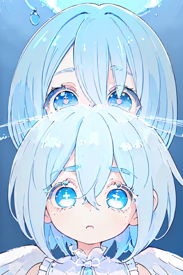  Masterpiece,(Angel girl:blue hair color,delicate hair color,ash eye color,delicate eye color,cute face,tired,😮‍💨,:1.2),(round eyes,eyes highlight :1.3)((head tilt:1.2))(looking up:1.3)(from below :1.3),quality,8K