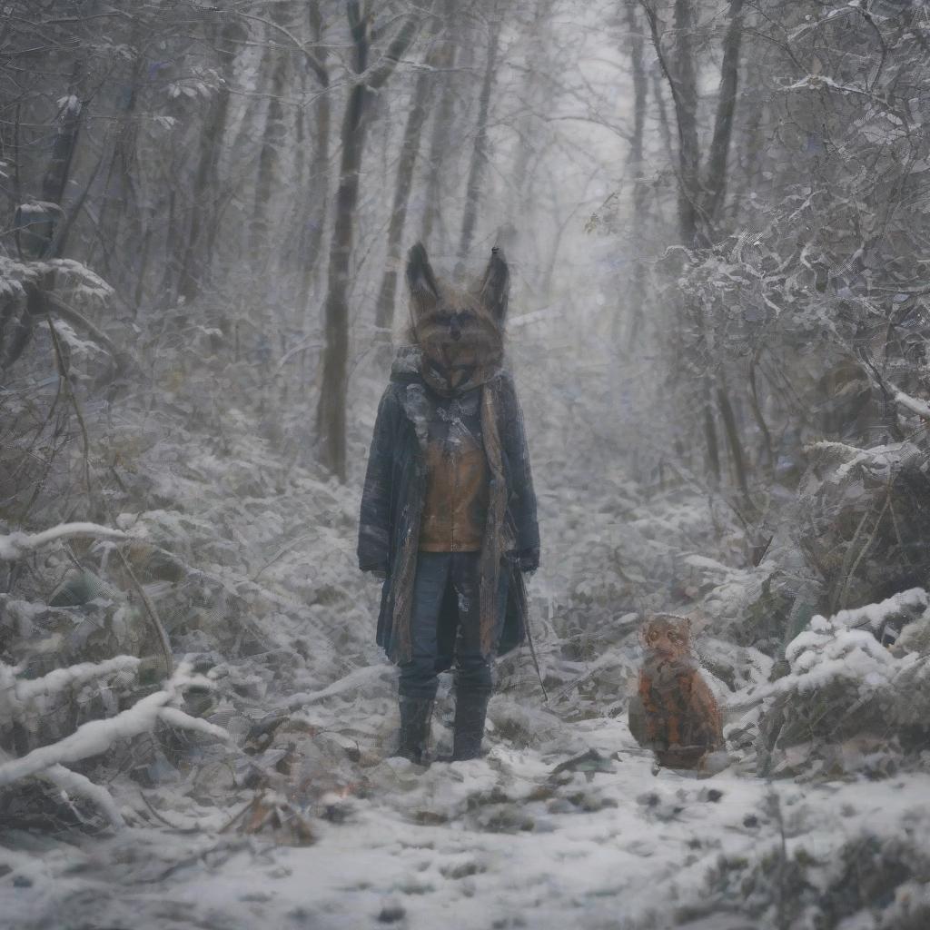  young half cat man in a middle of winter forest hyperrealistic, full body, detailed clothing, highly detailed, cinematic lighting, stunningly beautiful, intricate, sharp focus, f/1. 8, 85mm, (centered image composition), (professionally color graded), ((bright soft diffused light)), volumetric fog, trending on instagram, trending on tumblr, HDR 4K, 8K