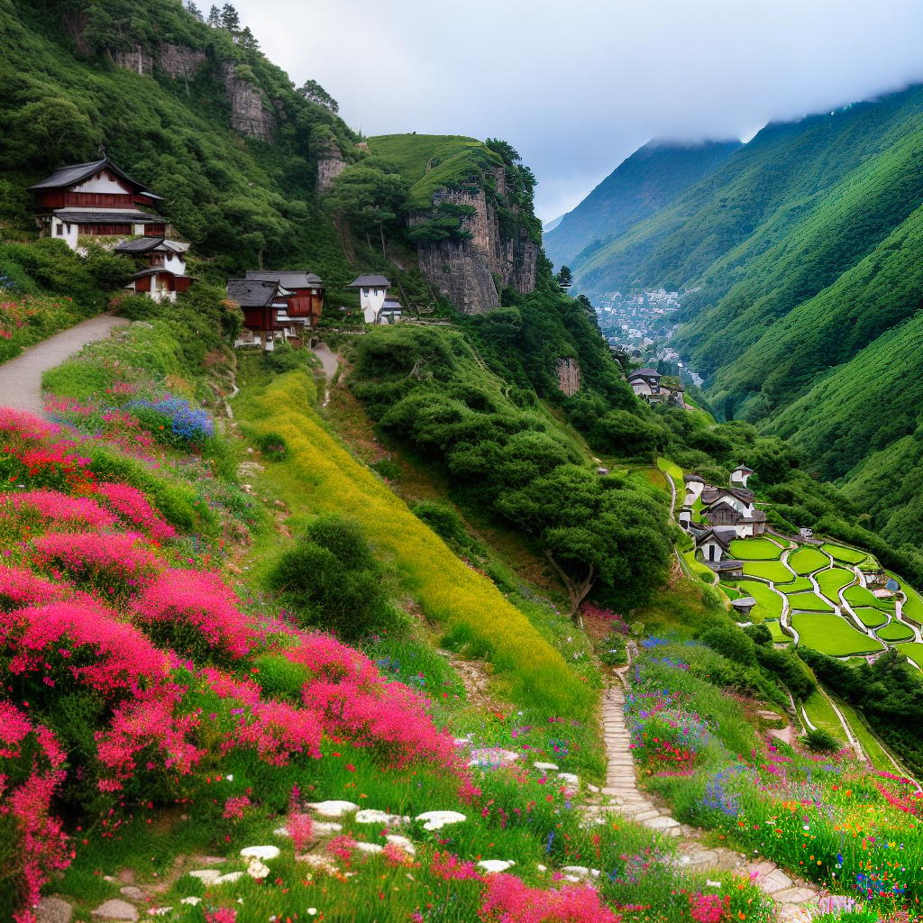  An awe-inspiring representation of 開運山水畫, showcasing the best quality and ultra-detailed elements. The main subject is a serene countryside scene, with rolling hills and a picturesque village nestled among them. The houses are made of stone and have vibrant red roofs, creating a charming and quaint atmosphere. In the foreground, a winding path leads to the village, lined with colorful wildflowers. The sky above is filled with fluffy white clouds, and birds can be seen flying in the distance. The level of detail in this artwork is remarkable, capturing the texture of the hills, the intricate architecture of the village, and the delicate petals of the flowers. The colors are vivid, with shades of green, blue, and red dominating the  hyperrealistic, full body, detailed clothing, highly detailed, cinematic lighting, stunningly beautiful, intricate, sharp focus, f/1. 8, 85mm, (centered image composition), (professionally color graded), ((bright soft diffused light)), volumetric fog, trending on instagram, trending on tumblr, HDR 4K, 8K