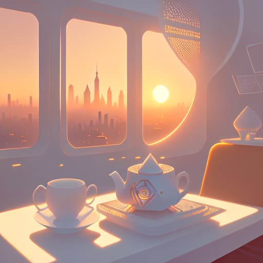 in OliDisco style Futuristic style. Deck of cards and cup of tea over white table. Sunset through a window with a city view. White and soft tones.