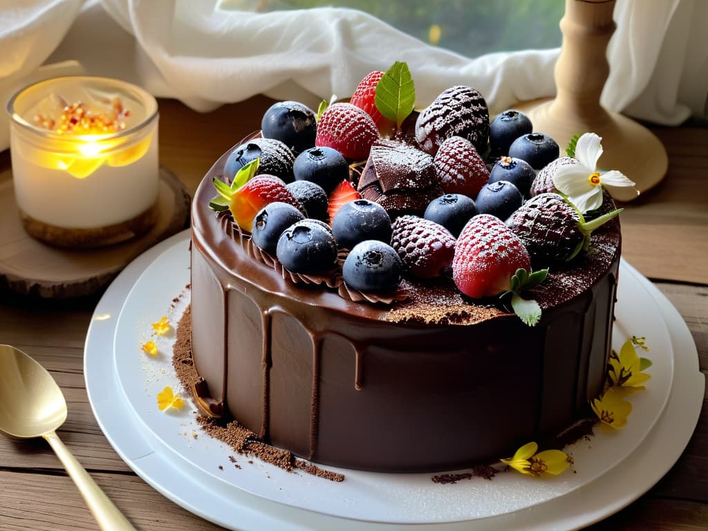  A photorealistic image of a decadent chocolate cake topped with fresh berries and edible flowers, displayed on a rustic wooden table with soft natural lighting filtering through a nearby window. The cake is intricately decorated with delicate chocolate shavings and gold leaf accents, showcasing layers of moist sponge and rich ganache. Crumbs of cocoa powder dust the table, and a vintage silver cake server rests beside the cake, ready to slice into this indulgent treat. hyperrealistic, full body, detailed clothing, highly detailed, cinematic lighting, stunningly beautiful, intricate, sharp focus, f/1. 8, 85mm, (centered image composition), (professionally color graded), ((bright soft diffused light)), volumetric fog, trending on instagram, trending on tumblr, HDR 4K, 8K