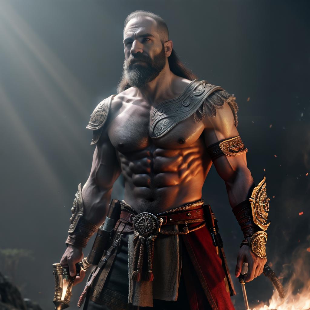  God of war hyperrealistic, full body, detailed clothing, highly detailed, cinematic lighting, stunningly beautiful, intricate, sharp focus, f/1. 8, 85mm, (centered image composition), (professionally color graded), ((bright soft diffused light)), volumetric fog, trending on instagram, trending on tumblr, HDR 4K, 8K