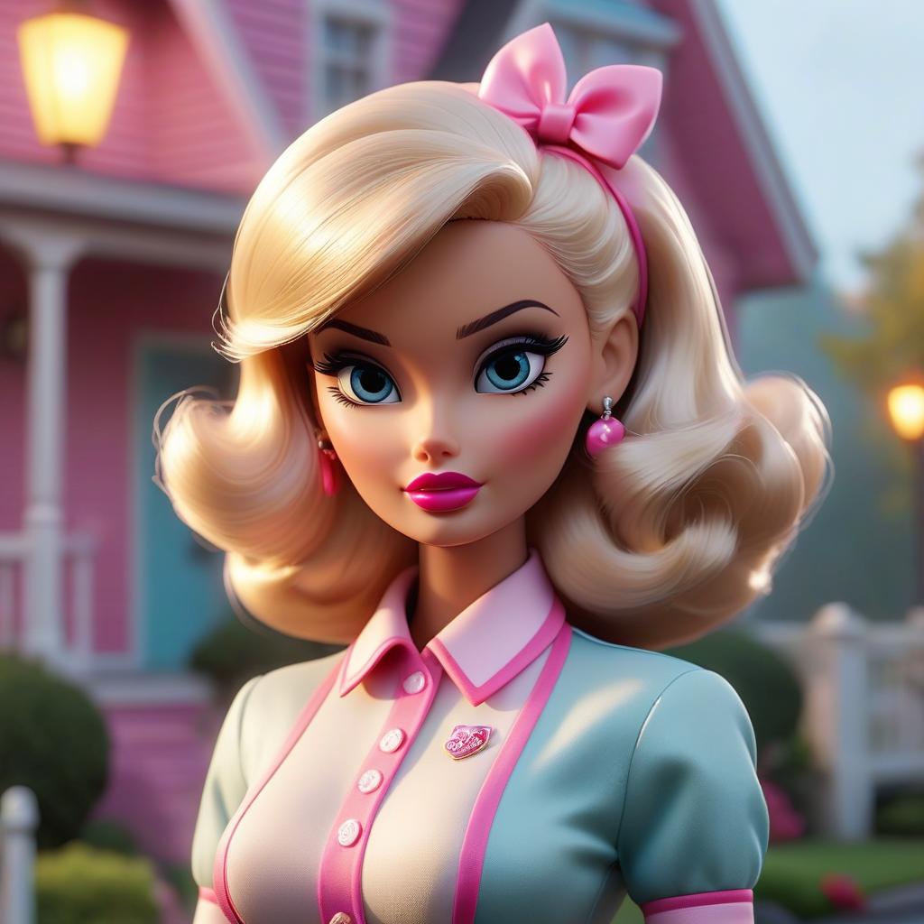  Barbie mascot among private houses from the 50s, pixar style hyperrealistic, full body, detailed clothing, highly detailed, cinematic lighting, stunningly beautiful, intricate, sharp focus, f/1. 8, 85mm, (centered image composition), (professionally color graded), ((bright soft diffused light)), volumetric fog, trending on instagram, trending on tumblr, HDR 4K, 8K