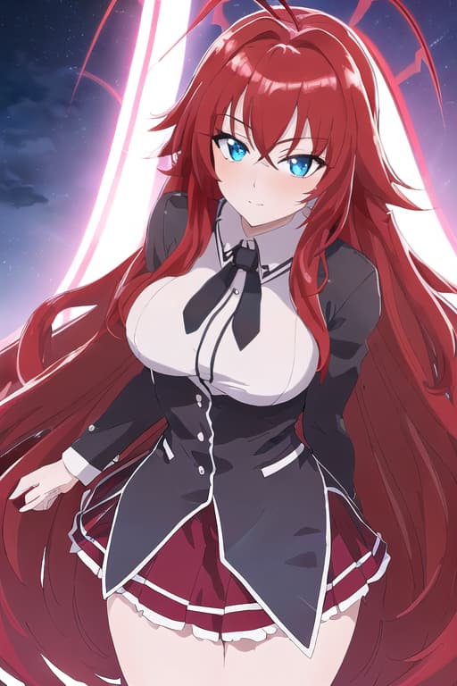  really reveling in a bed,masterpiece, best quality, 1women, long red hair, looking at viewer, :3, cute, black uniform, outdoors, streets, cowboy shot, curvy, (((blue eyes))), rias gremory, red hair, antenna hair, wavy hair, ((beautiful detailed eyes, beautiful detailed glow, lots of glow)), anime screencap,Stylish women, hot, cinematic lightning, medium shot, masterpiece, best quality, high quality, solo