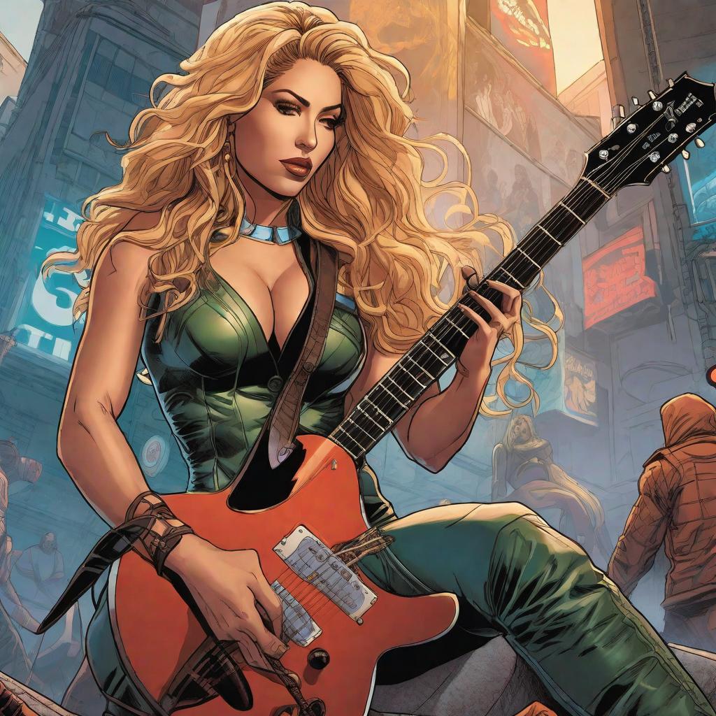  Shakira con guitarra , marvel comic panel, dc animated comic panel, comic panel, manga and manhwa style panel, portrait, young person face, style for marvel comic, anime comic panel style hyperrealistic, full body, detailed clothing, highly detailed, cinematic lighting, stunningly beautiful, intricate, sharp focus, f/1. 8, 85mm, (centered image composition), (professionally color graded), ((bright soft diffused light)), volumetric fog, trending on instagram, trending on tumblr, HDR 4K, 8K