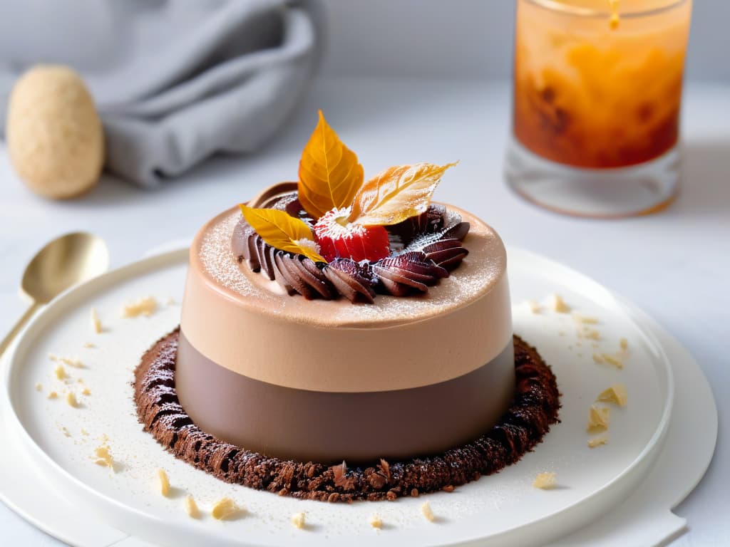  A closeup, ultradetailed image of a creamy, decadent chocolate mousse topped with delicate shavings of ashwagandha root, sitting on a sleek, modern white plate against a soft, blurred background. The mousse glistens invitingly, the ashwagandha shavings adding an elegant touch to the dessert. Every texture, from the smoothness of the mousse to the intricate lines of the root shavings, is captured in stunning clarity, inviting the viewer to imagine the rich flavors and creative incorporation of ashwagandha in desserts. hyperrealistic, full body, detailed clothing, highly detailed, cinematic lighting, stunningly beautiful, intricate, sharp focus, f/1. 8, 85mm, (centered image composition), (professionally color graded), ((bright soft diffused light)), volumetric fog, trending on instagram, trending on tumblr, HDR 4K, 8K