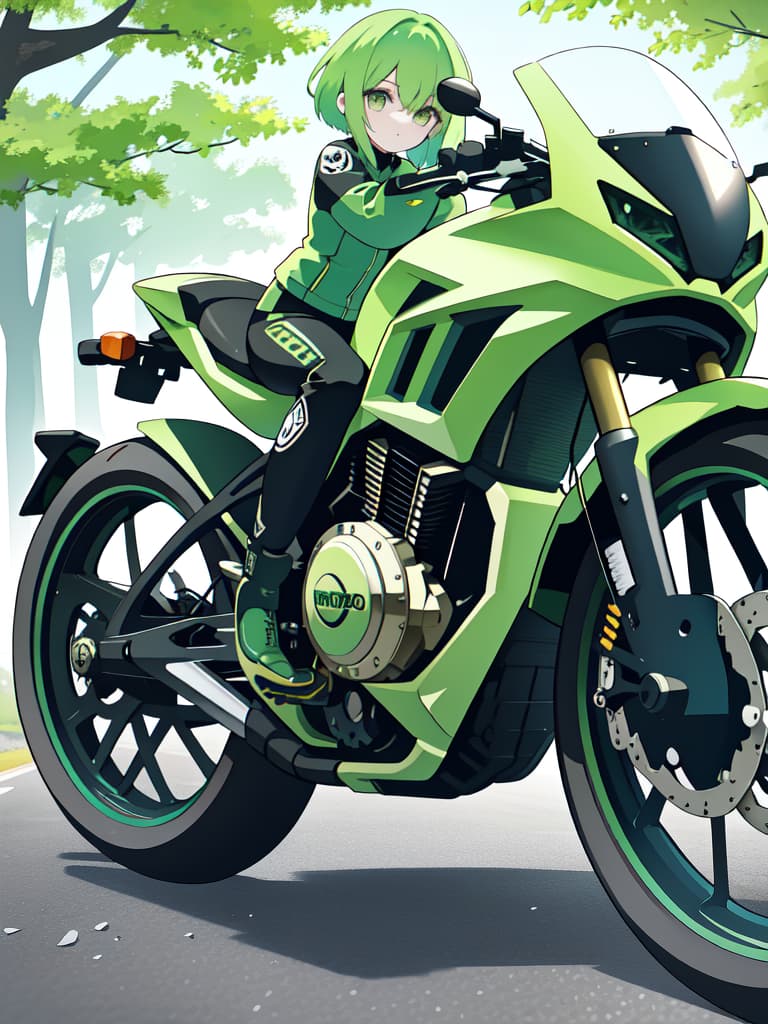  Motorcycle green hair character, masterpiece, best quality,8k,ultra detailed,high resolution,an extremely delicate and beautiful,hyper detail