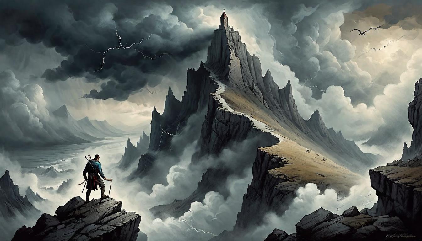  on parchment, surrealism+++, A climber reaching the peak of a treacherous cliff, with storm clouds gathering, test of strength, perseverance(mysterious, provocative, symbolic,muted color)+++