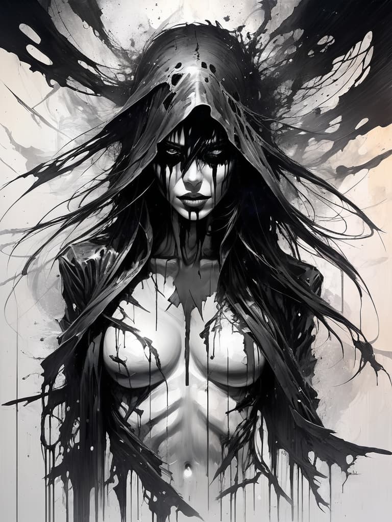  sci-fi style (Masterpiece: 1.9), Galactic pirate, figure woman with dark hair, shrouded in tattered rags, reveal body underneath, drawn in pencil, light and magic in the style of pop horror, high-tech, mysterious, psychedelic, russ mills style, dark fantasy, dark art, abstract background oil matte painting, dark lightning, scary, creepy. . futuristic, technological, alien worlds, space themes, advanced civilizations