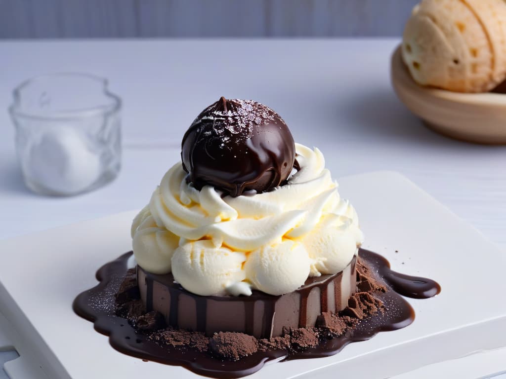  A closeup, ultradetailed image of a creamy scoop of homemade ice cream being slowly drizzled with a rich, glossy chocolate sauce, with tiny, perfectly formed ice crystals glistening on the surface of the scoop. The ice cream appears perfectly smooth and velvety, contrasting beautifully with the intricate crystalline structures, showcasing the science behind achieving that flawlessly smooth texture in homemade ice cream. The minimalistic composition highlights the textures and contrasts, evoking a sense of indulgence and precision in the art of crafting homemade ice cream. hyperrealistic, full body, detailed clothing, highly detailed, cinematic lighting, stunningly beautiful, intricate, sharp focus, f/1. 8, 85mm, (centered image composition), (professionally color graded), ((bright soft diffused light)), volumetric fog, trending on instagram, trending on tumblr, HDR 4K, 8K