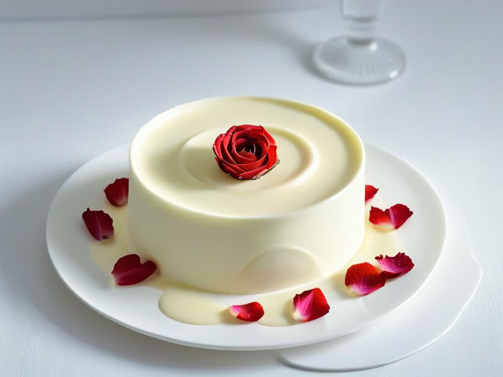  An elegant and minimalistic image of a perfectly set panna cotta infused with delicate rose petals, served in a pristine white ceramic dish garnished with a single fresh rose on the side. The creamy dessert reflects a smooth, glossy surface, capturing the light to showcase its flawless texture and subtle floral essence. The background is softly blurred to emphasize the simplicity and sophistication of this roseinfused panna cotta, embodying the essence of elegance and floral refinement. hyperrealistic, full body, detailed clothing, highly detailed, cinematic lighting, stunningly beautiful, intricate, sharp focus, f/1. 8, 85mm, (centered image composition), (professionally color graded), ((bright soft diffused light)), volumetric fog, trending on instagram, trending on tumblr, HDR 4K, 8K