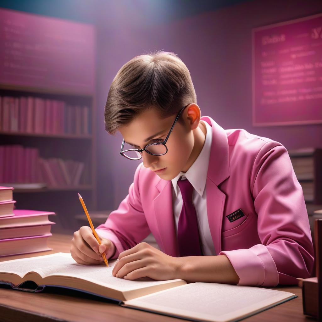  A boy with a math textbook. School math lesson. Russian school. The boy is studying math carefully and reading the book. Pink tints, the color of fuschia. School uniform. hyperrealistic, full body, detailed clothing, highly detailed, cinematic lighting, stunningly beautiful, intricate, sharp focus, f/1. 8, 85mm, (centered image composition), (professionally color graded), ((bright soft diffused light)), volumetric fog, trending on instagram, trending on tumblr, HDR 4K, 8K