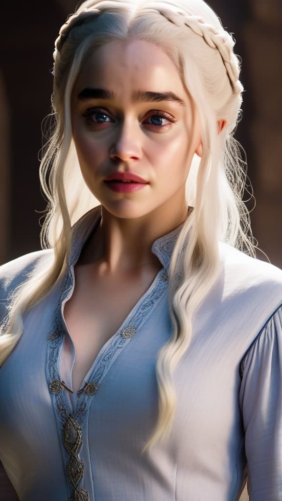  masterpiece, best quality, Emilia Clarke as Daenerys Targaryen, white long hair, healthy pale skin, detailed face and eyes, average body, wears only a broken shirt, cowboyshot, pov, eye contact, masterpieces, top quality, best quality, official art, beautiful and aesthetic, realistic, 4K, 8K