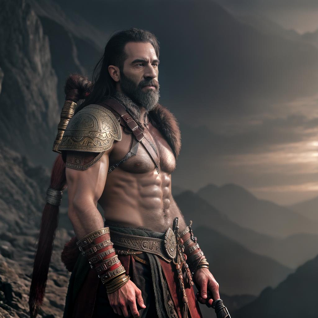  God of war hyperrealistic, full body, detailed clothing, highly detailed, cinematic lighting, stunningly beautiful, intricate, sharp focus, f/1. 8, 85mm, (centered image composition), (professionally color graded), ((bright soft diffused light)), volumetric fog, trending on instagram, trending on tumblr, HDR 4K, 8K