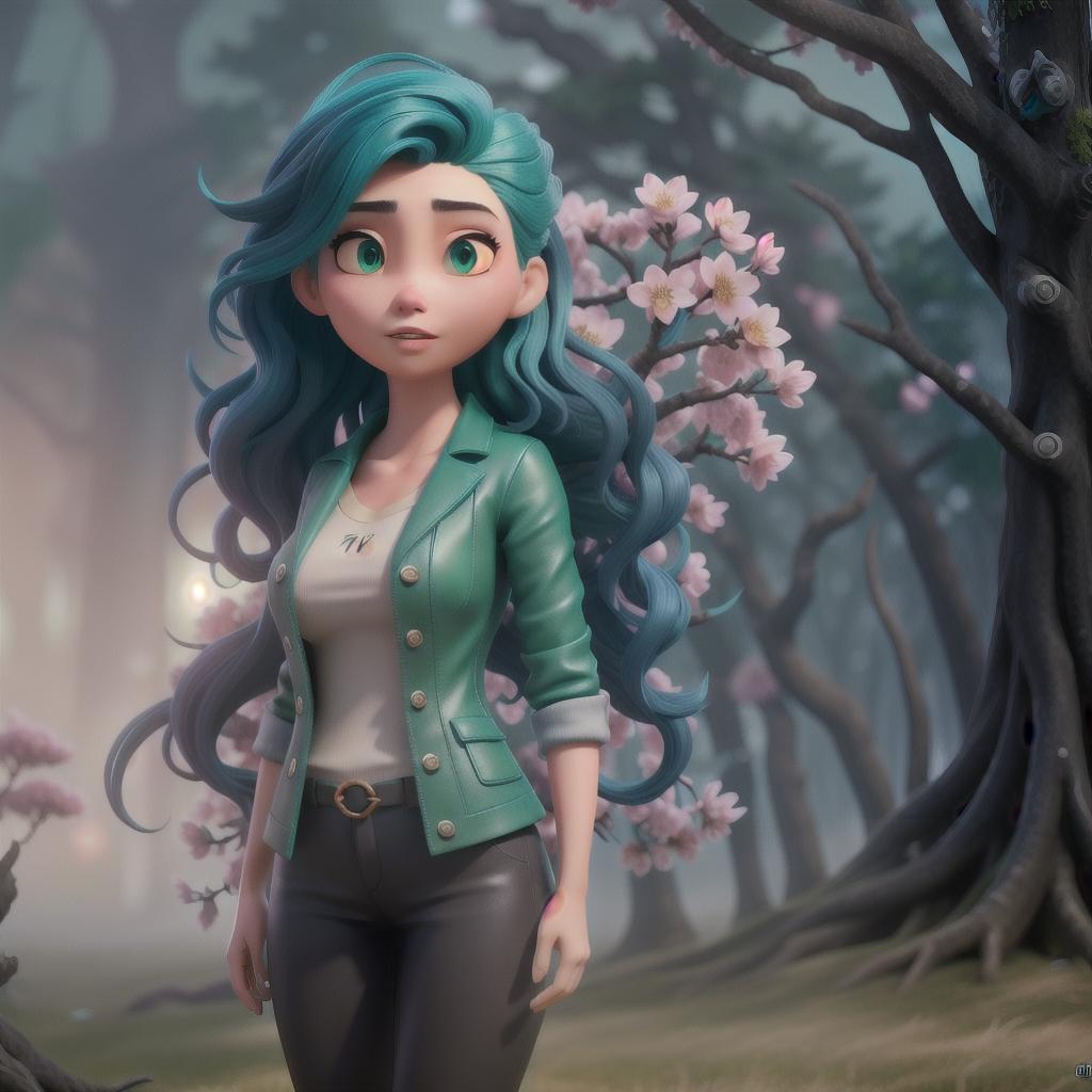  Asian, Sci fi, dark nautical, punk, a chic and quirky style, cherry blossoms, forbidden forest, green and blue colors, indie, 90s, douyin makeup, wavy hair and her hair looks like it’s being blown by the wind hyperrealistic, full body, detailed clothing, highly detailed, cinematic lighting, stunningly beautiful, intricate, sharp focus, f/1. 8, 85mm, (centered image composition), (professionally color graded), ((bright soft diffused light)), volumetric fog, trending on instagram, trending on tumblr, HDR 4K, 8K