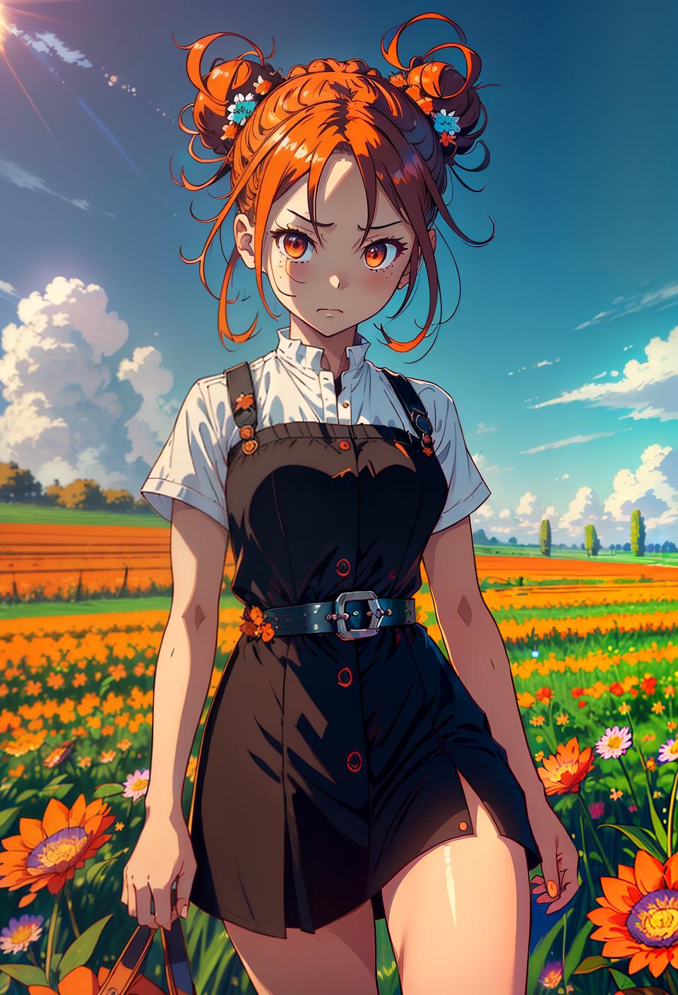  ((trending, highres, masterpiece, cinematic shot)), 1girl, chibi, female Amish outfit, flower field scene, very long spiked aqua hair, hair in a bun, large orange eyes, personality, smug expression, fair skin, chaotic, toned