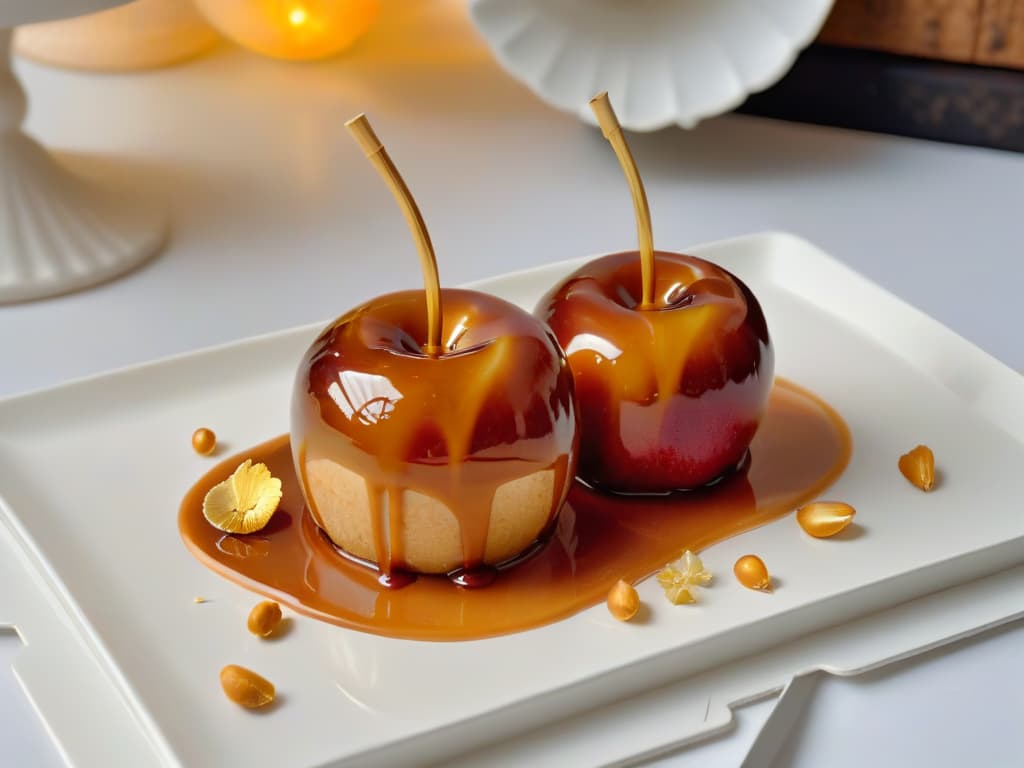  A closeup, ultradetailed image of a decadent caramel apple dessert with a glossy caramel glaze, topped with delicate gold leaf flakes, sitting on a sleek, modern plate. The apple is perfectly coated in a thin layer of caramel, revealing glimpses of the crisp, juicy fruit beneath. The background is blurred to emphasize the dessert, and the lighting captures every shimmering detail, inviting the viewer to imagine the rich flavors and textures of autumn. hyperrealistic, full body, detailed clothing, highly detailed, cinematic lighting, stunningly beautiful, intricate, sharp focus, f/1. 8, 85mm, (centered image composition), (professionally color graded), ((bright soft diffused light)), volumetric fog, trending on instagram, trending on tumblr, HDR 4K, 8K