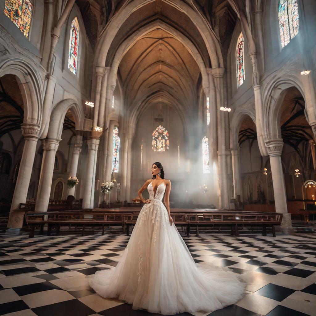  Fabi Shirley con vestido de novia en un iglesia hyperrealistic, full body, detailed clothing, highly detailed, cinematic lighting, stunningly beautiful, intricate, sharp focus, f/1. 8, 85mm, (centered image composition), (professionally color graded), ((bright soft diffused light)), volumetric fog, trending on instagram, trending on tumblr, HDR 4K, 8K