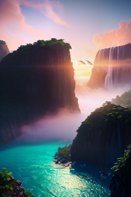  A tropical island and sunset sky., birds in the sky, waterfall close shot 35 mm, realism, octane render, 8 k, exploration, cinematic, trending on artstation, 35 mm camera, unreal engine, hyper detailed, photo realistic maximum detail, volumetric light, moody cinematic epic concept art, realistic matte painting, hyper photorealistic, epic, trending on artstation, movie concept art, cinematic composition, ultra detailed, realistic hyperrealistic, full body, detailed clothing, highly detailed, cinematic lighting, stunningly beautiful, intricate, sharp focus, f/1. 8, 85mm, (centered image composition), (professionally color graded), ((bright soft diffused light)), volumetric fog, trending on instagram, trending on tumblr, HDR 4K, 8K