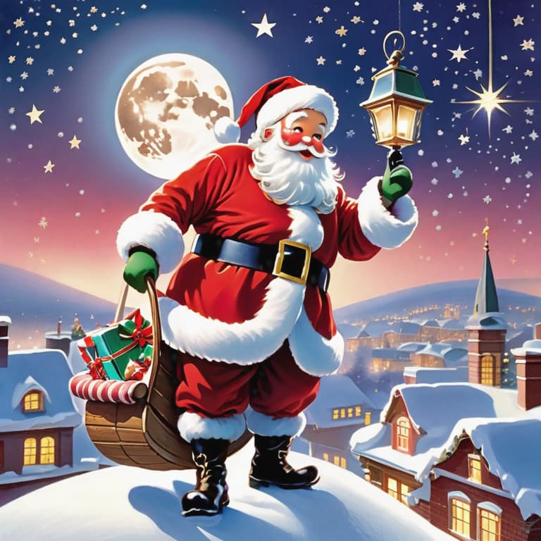  The image depicts Santa Claus in his iconic red and white suit, standing atop a snow-covered rooftop on Christmas Eve. He is surrounded by twinkling stars and a full moon illuminating the tranquil nighttime scene. Santa, with his rosy cheeks and white beard, holds a bulging sack of beautifully wrapped gifts over his shoulder. His sleigh, filled with presents, is parked nearby, ready to embark on its magical journey. The air is filled with anticipation and holiday cheer as Santa prepares to deliver joy and happiness to children all around the world. hyperrealistic, full body, detailed clothing, highly detailed, cinematic lighting, stunningly beautiful, intricate, sharp focus, f/1. 8, 85mm, (centered image composition), (professionally color graded), ((bright soft diffused light)), volumetric fog, trending on instagram, trending on tumblr, HDR 4K, 8K