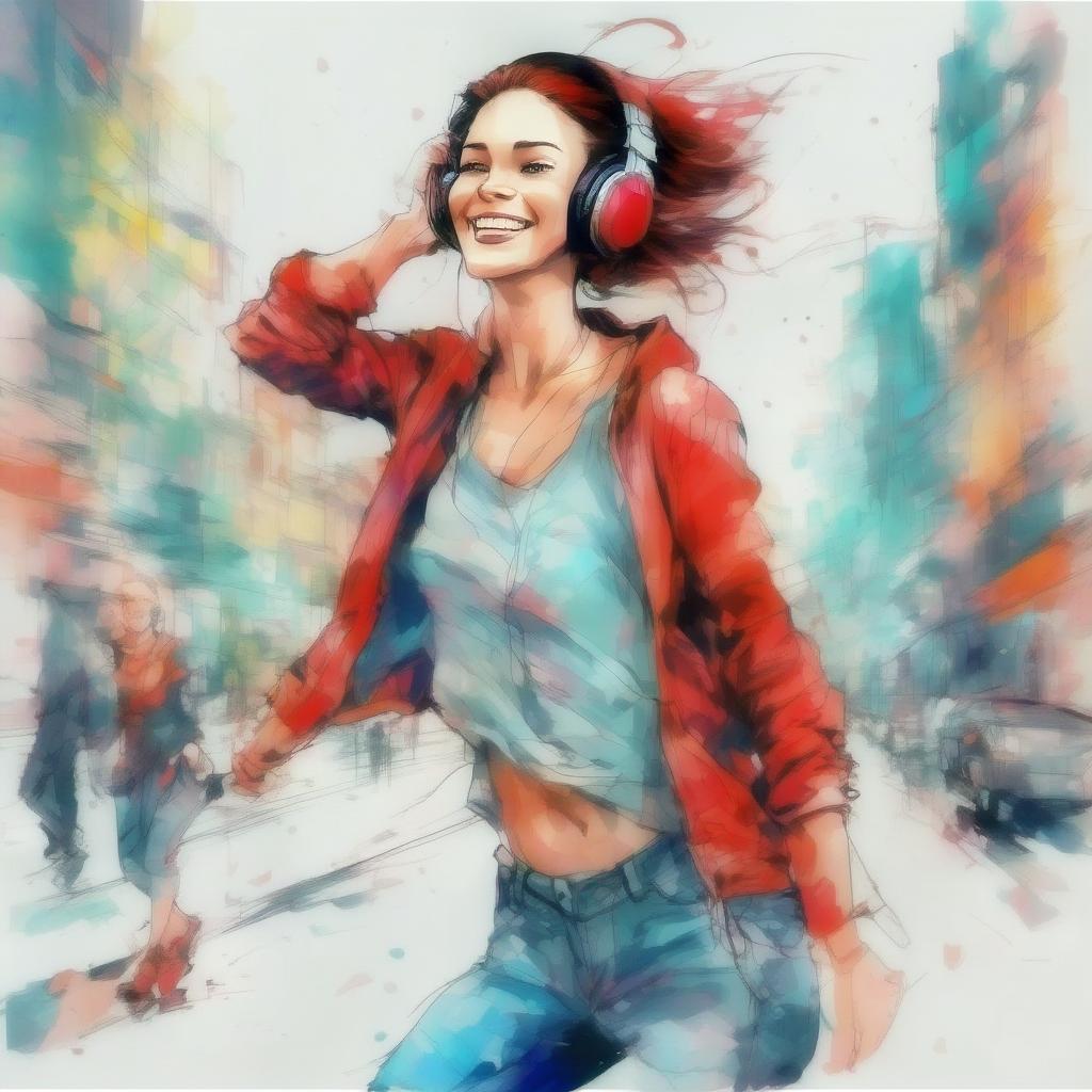  realistic image of girl smiling, wearing headphones, crossing the streets