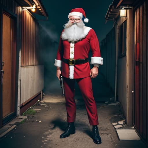  Santa Claus with a revolver in his hand in a favela hyperrealistic, full body, detailed clothing, highly detailed, cinematic lighting, stunningly beautiful, intricate, sharp focus, f/1. 8, 85mm, (centered image composition), (professionally color graded), ((bright soft diffused light)), volumetric fog, trending on instagram, trending on tumblr, HDR 4K, 8K