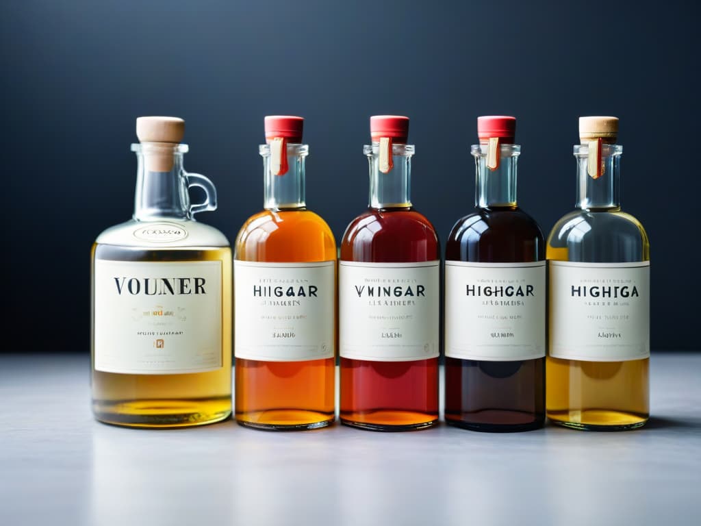  An elegant, minimalistic image showcasing a lineup of various highend vinegar bottles with sleek, modern labels, set against a soft, blurred background that highlights their quality and sophistication. Each bottle is strategically positioned to emphasize its unique design and premium branding, creating a visually appealing and informative visual representation of the article's focus on comparing top vinegar brands for baking purposes. hyperrealistic, full body, detailed clothing, highly detailed, cinematic lighting, stunningly beautiful, intricate, sharp focus, f/1. 8, 85mm, (centered image composition), (professionally color graded), ((bright soft diffused light)), volumetric fog, trending on instagram, trending on tumblr, HDR 4K, 8K