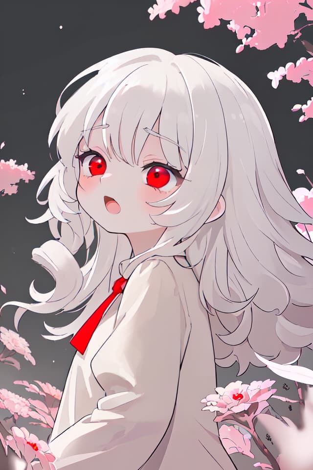  ultra detailed:1.2masterpiece:1.2,best quality,masterpiece,bestquality,hdr:1.1,8k:1.1,very cute girl:1.3,white hair:1.3,long hair,volume hair:0.5,curly hair:1.4,red eyes,bad mood:1.1,sleepy eyes:1.1,dot open mouth:1.3,upper body:1.3,dutch angle,half closed eyes:1.6,upper body:1.1,from side