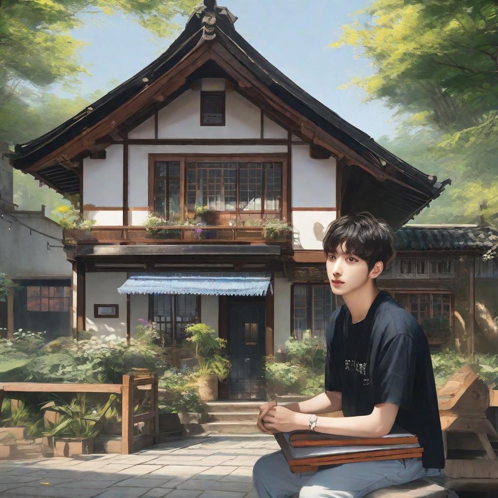  masterpiece, best quality,Draw a house with Cai Xukun in the background