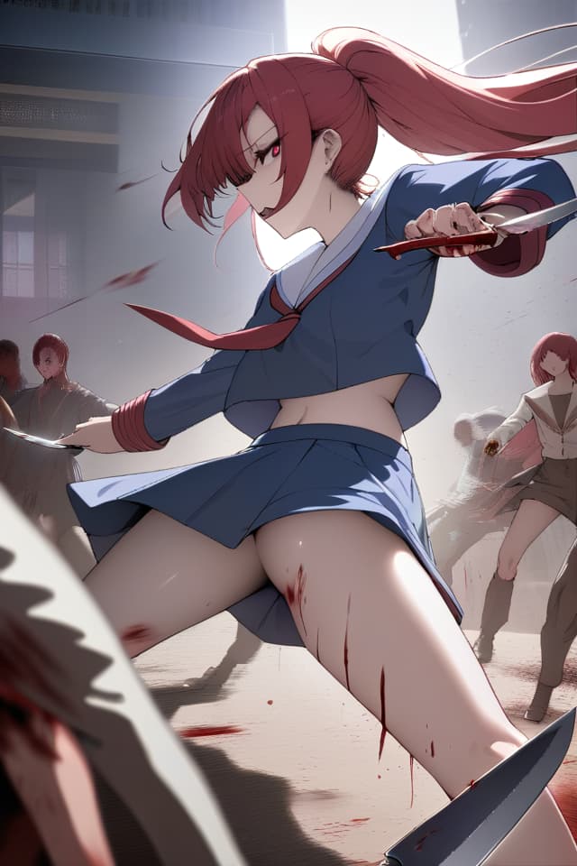  ,Kitchen knife,holding a kitchen knife in hand,red hair,ponytail,beautiful,beautiful girl,battle scene,return blood,red eyes,killer,sailor suit,cool,action(absurd detailed:1.4、best quality:1.4、masterpiece:1.4)、