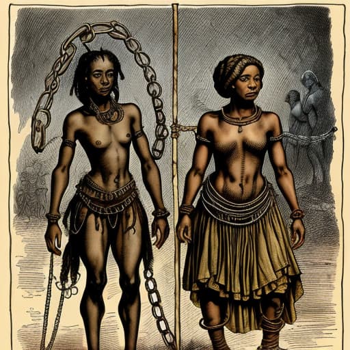  Two African slave woman in shackles and chains in the style of arthur rackham