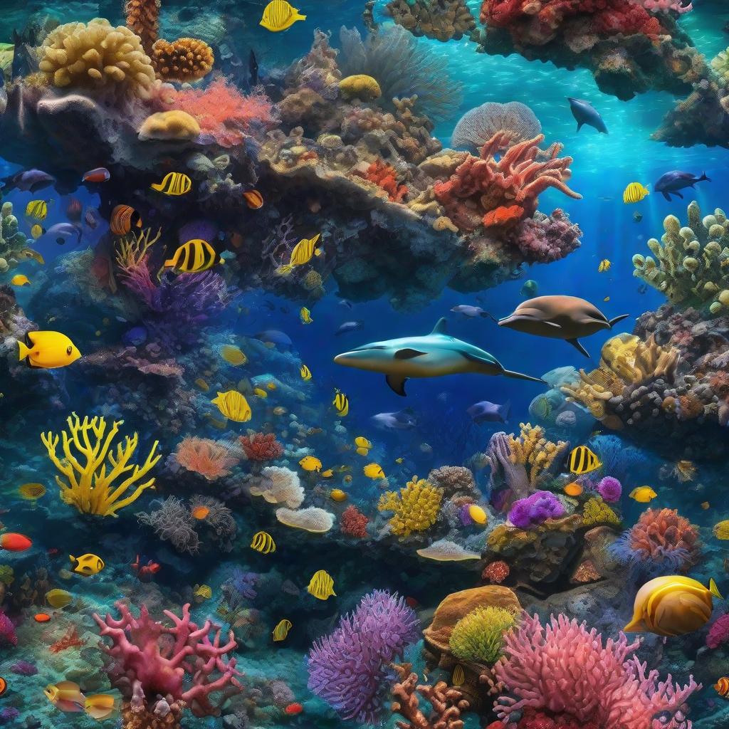  masterpiece, best quality, beautiful deep sea full of corals, diverse marine life and fascinating underwater landscapes with corals, appendages, small fish, anemones, dolphins, various algae, caves, colorful, 8k resolution and intricate detail