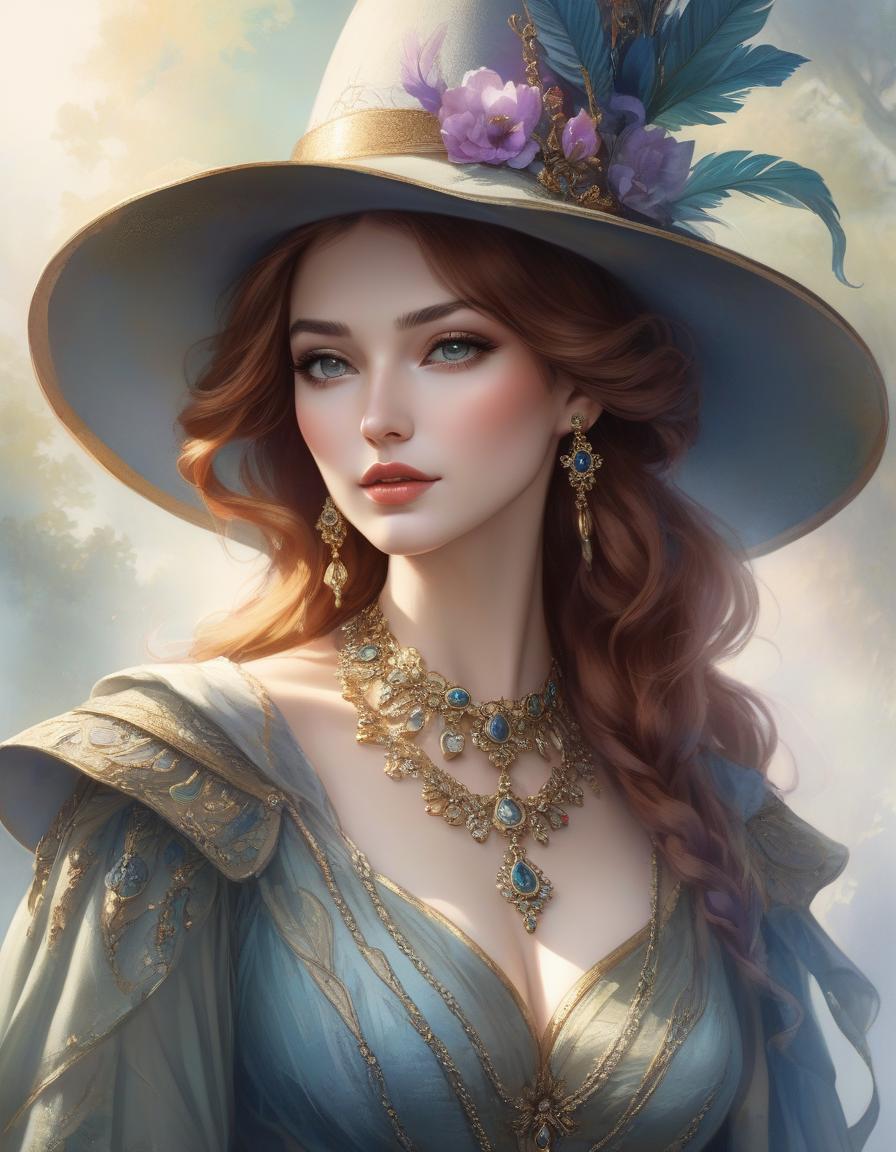  fairy tale painting of a woman wearing a hat with a necklace, exquisite digital illustration, elegante pintura digital, linda pintura de persona gem, beautiful digital illustration, estilo de pintura digital, linda pintura digital, linda arte digital, no estilo aquarela, pintura linda, no art style by bowater, a beautiful art illustration, no estilo de aquarela digital, with ink blots and paint running down the screen . magical, fantastical, enchanting, storybook style, highly detailed hyperrealistic, full body, detailed clothing, highly detailed, cinematic lighting, stunningly beautiful, intricate, sharp focus, f/1. 8, 85mm, (centered image composition), (professionally color graded), ((bright soft diffused light)), volumetric fog, trending on instagram, trending on tumblr, HDR 4K, 8K