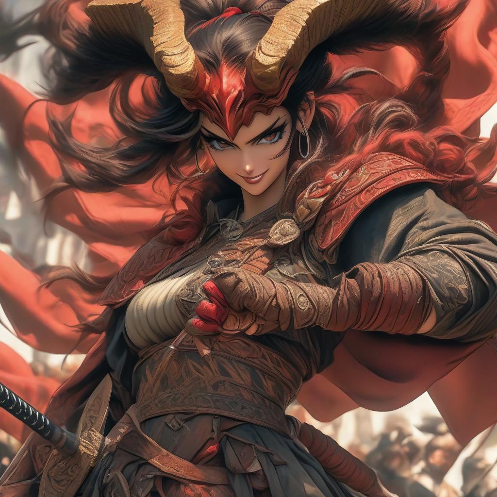  anime artwork A tall woman with red horns and tail, medieval clothing, belts, capes, dark shorter hair down to the shoulders, lines of tattoos, high level of detail, tanned skin color, holding a sword, a sneering smile. . anime style, key visual, vibrant, studio anime, highly detailed hyperrealistic, full body, detailed clothing, highly detailed, cinematic lighting, stunningly beautiful, intricate, sharp focus, f/1. 8, 85mm, (centered image composition), (professionally color graded), ((bright soft diffused light)), volumetric fog, trending on instagram, trending on tumblr, HDR 4K, 8K