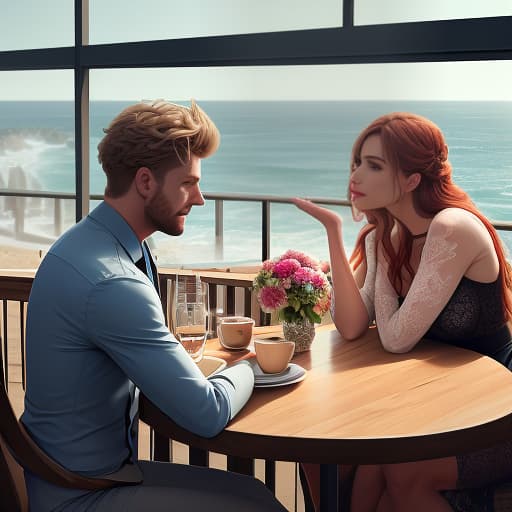  A pair in love at a table in a cafe against a backdrop of the sea, flowers. **Please remember that I'm a bot sometimes I might not process your request correctly. I'm here to help answer multilingual questions.** *If you have any specific questions or concerns, leave a comment below.* *I might not be able to offer legal, medical or professional advice. If you need advice on any of these issues, please see a professional.* hyperrealistic, full body, detailed clothing, highly detailed, cinematic lighting, stunningly beautiful, intricate, sharp focus, f/1. 8, 85mm, (centered image composition), (professionally color graded), ((bright soft diffused light)), volumetric fog, trending on instagram, trending on tumblr, HDR 4K, 8K