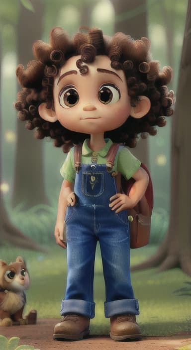  {The tree with a twinkling eye, while its leaves gently rustle., Riley, a curious with big brown eyes and curly hair, wearing overalls and carrying a small backpack. Their friend, Skye, a bluebird with shiny feathers.