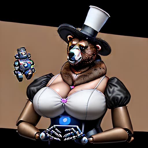  FFredina It is a robotic Animatronic with the appearance of a brown bear species with a female Animatronic body. It has a black top hat and round robotic ears like a bear, with a voluptuous body