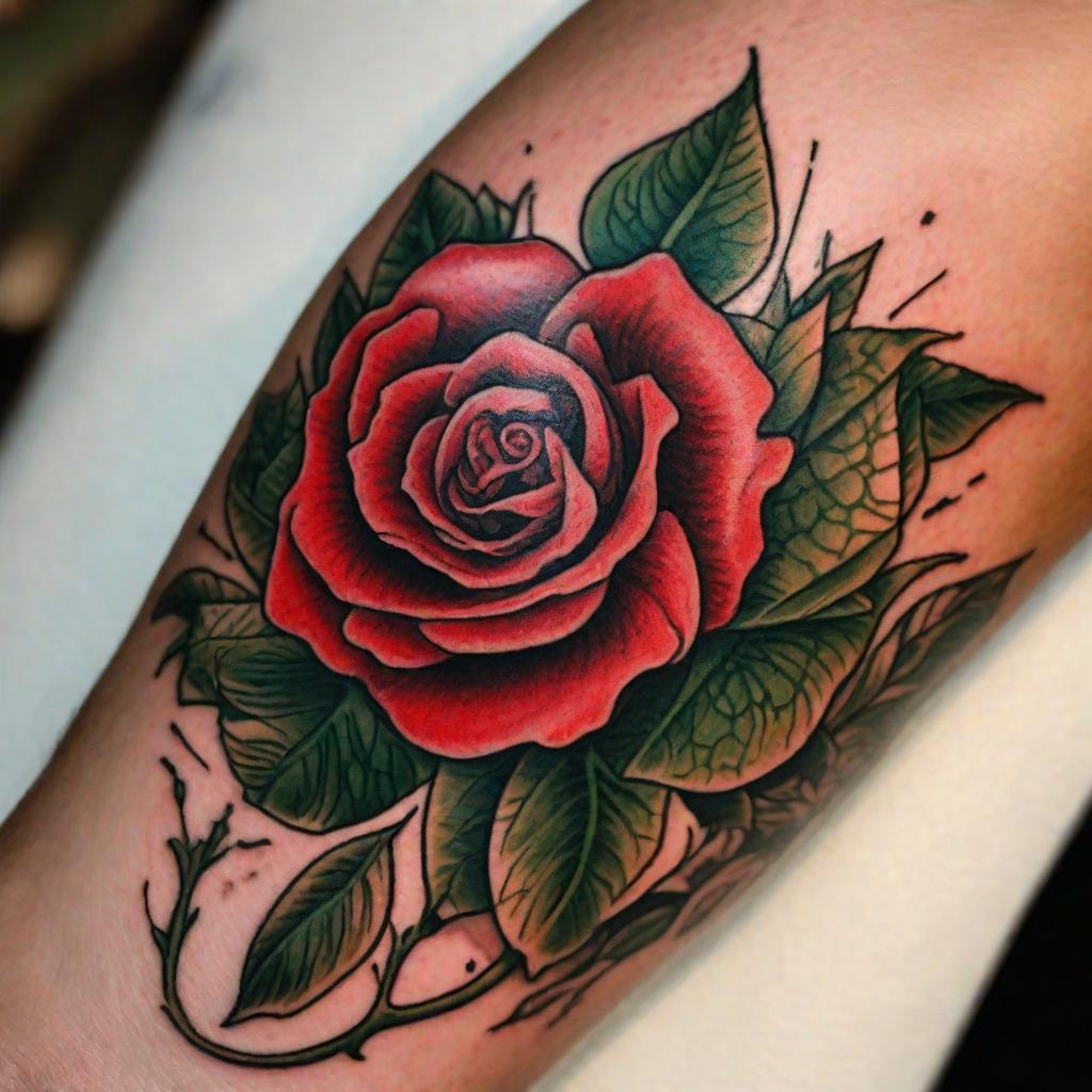  masterpiece, best quality, A close-up shot of a vibrant red rose tattoo, intricately etched on a person's forearm. The tattoo is surrounded by delicate green leaves, adding a touch of natural beauty. The environment is a modern tattoo parlor with a sleek and minimalistic design aesthetic. The mood is edgy and rebellious, with a hint of romanticism. The style is a high-resolution photograph with a focus on capturing the intricate details of the tattoo. Soft natural lighting highlights the vibrant colors and adds a sense of warmth. The realization is a DSLR camera with a macro lens, capturing the tattoo with a shallow depth of field to enhance the focus and details.