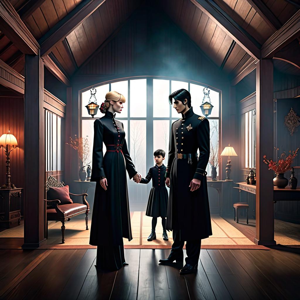  macabre style On the image, there are two people. A fair haired Japanese boy holds hands with a fair haired woman. They stand in a house in a Japanese style. The bright house. . dark, gothic, grim, haunting, highly detailed hyperrealistic, full body, detailed clothing, highly detailed, cinematic lighting, stunningly beautiful, intricate, sharp focus, f/1. 8, 85mm, (centered image composition), (professionally color graded), ((bright soft diffused light)), volumetric fog, trending on instagram, trending on tumblr, HDR 4K, 8K