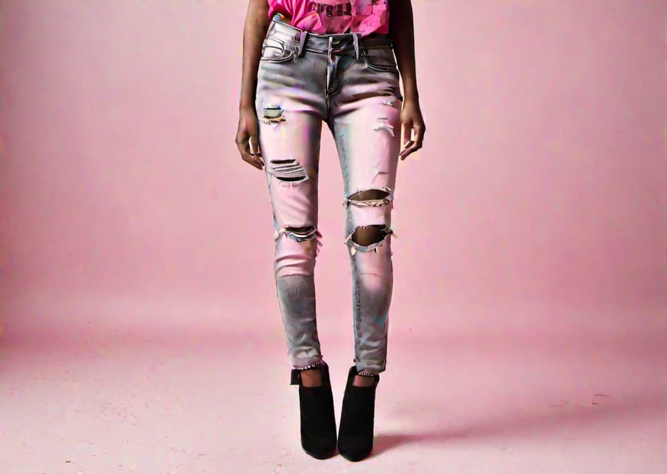  Distressed black jeans with pink ripped fabric, studded pockets, black white and pink patches hyperrealistic, full body, detailed clothing, highly detailed, cinematic lighting, stunningly beautiful, intricate, sharp focus, f/1. 8, 85mm, (centered image composition), (professionally color graded), ((bright soft diffused light)), volumetric fog, trending on instagram, trending on tumblr, HDR 4K, 8K