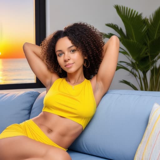  (masterpiece, best quality), 1girl,yellow top,big,with abs,black wavy hair,blue eyes,on a couch,red,sunset